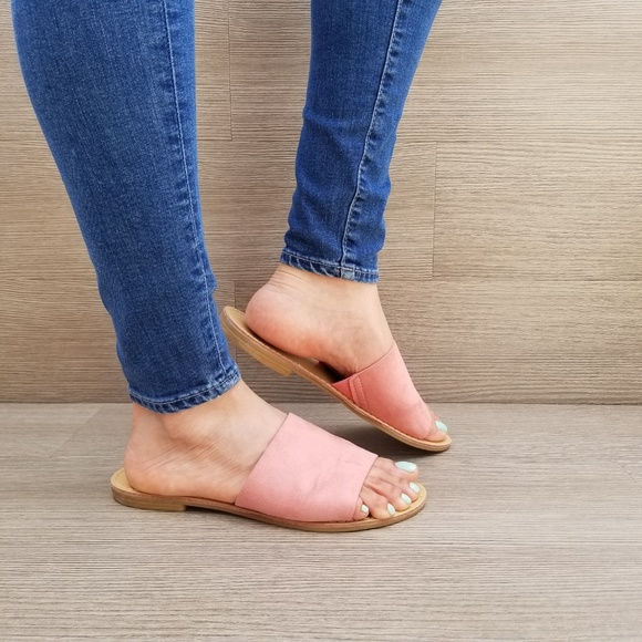 Suede Slip on Slider Pink Flat Sandals - Picture 12 of 15